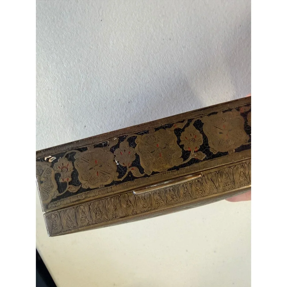 Vintage Brass Wood Jewelry Box Etched Peacock Floral Enamel‎ Decorative Trinket